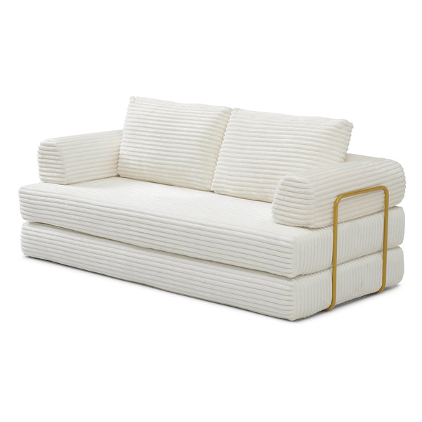 English Elm Convertible Floor Sofa Futon with Corduroy Upholstery for Living Room Lounging and Sleeping Beige W1117P434687