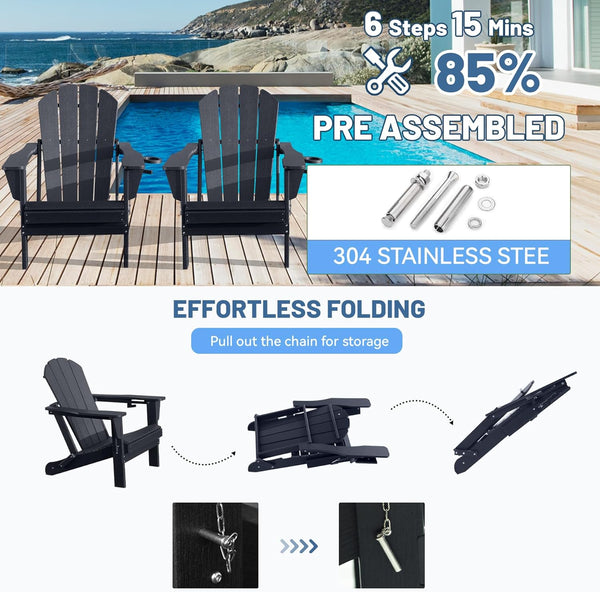 English Elm Adirondack Hdpe Folding Chair Set Outdoor Patio Fire Pit Seating with Cup Holder Black W1859P453299