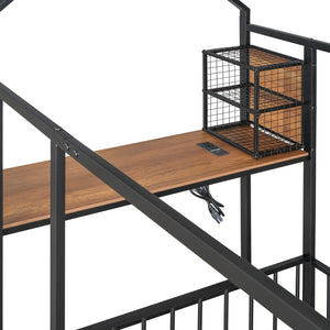 English Elm Twin House Bed Frame with Roof & Fence, Metal Twin Loft with Built-In Desk Shelves USB Outlets Black N737P173490B
