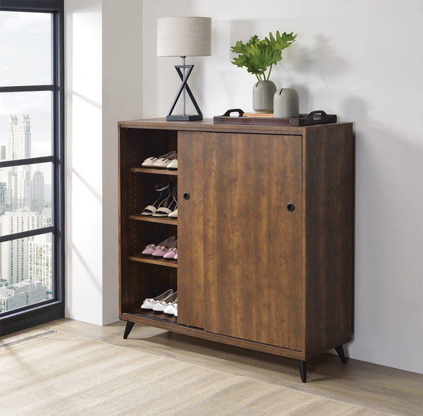 English Elm Waina Oak Finish Shoe Cabinet with Sliding Doors, 4 Compartments & Adjustable Shelves for Entryway B2726P256277