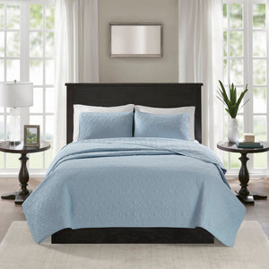 JLA Home Madison Park - 3 Reversible Quilt Set with Cottage Stitch Texture, Antimicrobial Cotton Fill for Year-Round Comfort and Durability Blue MP13-2580
