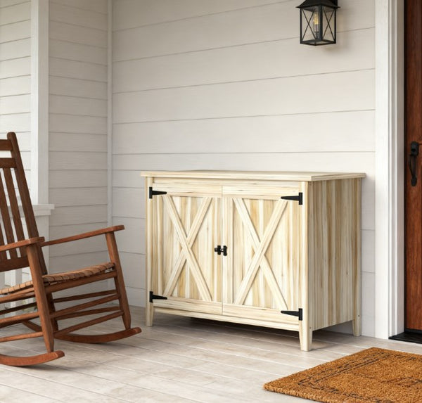 English Elm Wooden Fir Outdoor Storage Cabinet with Barn Doors Shelf and Raised Base for Patios T3971P422824