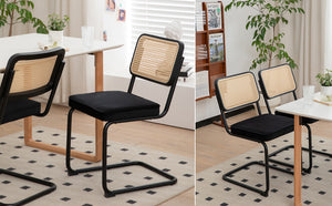 English Elm Dining Chairs Set of 4 Velvet Seat Woven Rattan Back Chrome Cantilever Frame W2105S00004