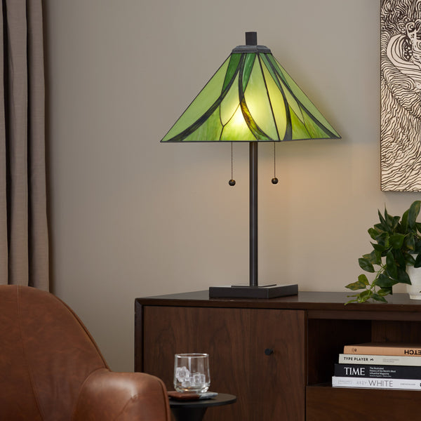 English Elm 30" Tiffany Style Table Lamp Emerald Stained Glass Bronze Frame Warm Ambient Glow B202P471587