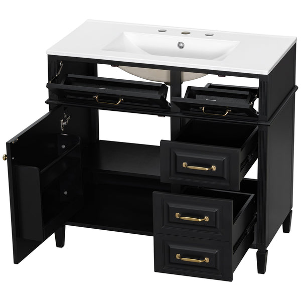 English Elm 36-Inch Bathroom Vanity With Ceramic Sink Top, Adjustable Shelf, And Modern Flip Drawer Design For Storage N725P350849B
