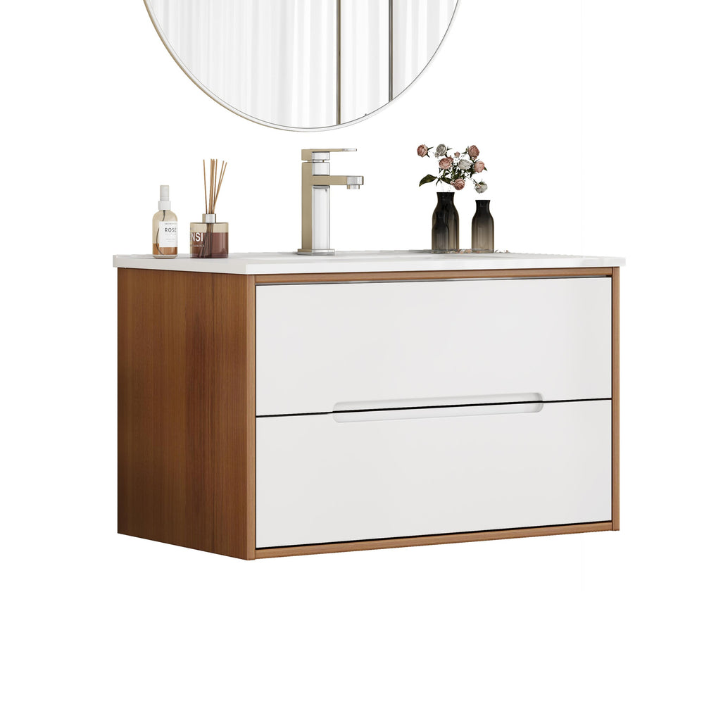English Elm 32-Inch Wall-Mounted Bathroom Vanity With Sink Combo, Soft-Close Drawers, Modern Walnut Finish W3151S00049