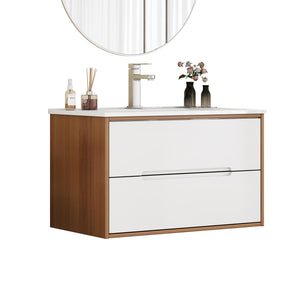 English Elm 32-Inch Wall-Mounted Bathroom Vanity With Sink Combo, Soft-Close Drawers, Modern Walnut Finish W3151S00049
