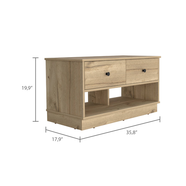 English Elm Tulip Light Oak Storage Bench with Two Drawers and Shelves — Modern Ergonomic Accent for Living Room Beige 40 L x 22 W x 6 H B128P148981