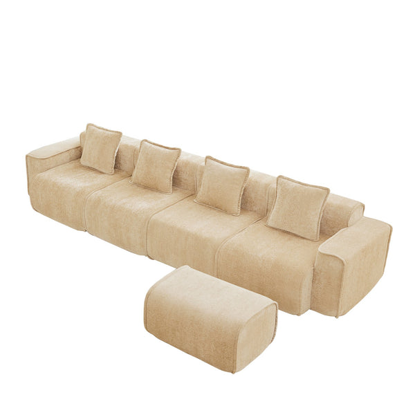 English Elm Streamlined Modular L-shaped Sectional Velvet Sofa with Ottoman and Tailored Piping Detail Light Camel W3041S00355