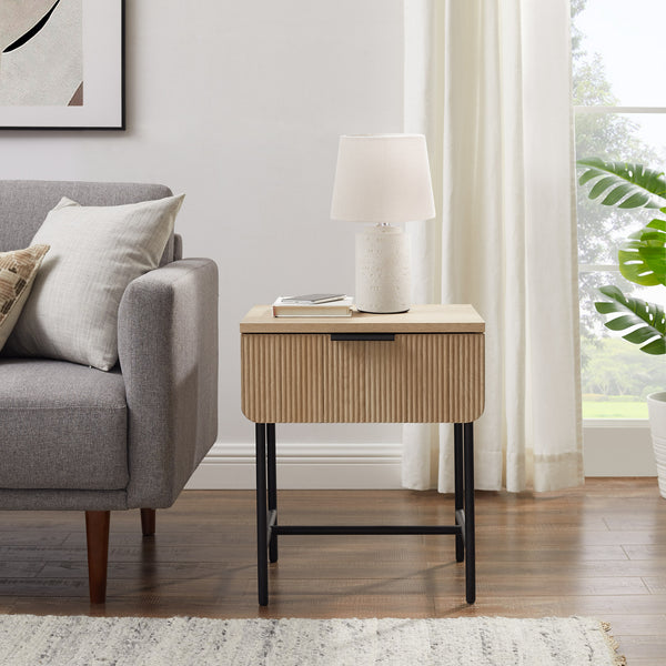 English Elm Walker Edison - Modern Fluted-Door Coastal Oak Side Table with Warp-Resistant MDF, Metal Base & Minimalist Flair B185P168972