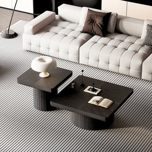 English Elm Modern Parquet Wood Nesting Coffee Tables Sculptural Fluted Pedestal Living Room Set Black W1435S00031