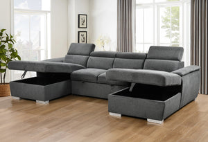 English Elm U U Shaped Sleeper Sofa with Pull-Out Bed and Hidden Chaise Storage, Plush Corduroy Comfort Dark Gray W1417S00081