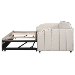 English Elm Twin Linen Upholstered Daybed with Pop up Trundle and Built in Usb Charging Beige SF000199AAA