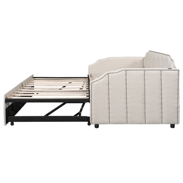 English Elm Twin Linen Upholstered Daybed with Pop up Trundle and Built in Usb Charging Beige SF000199AAA