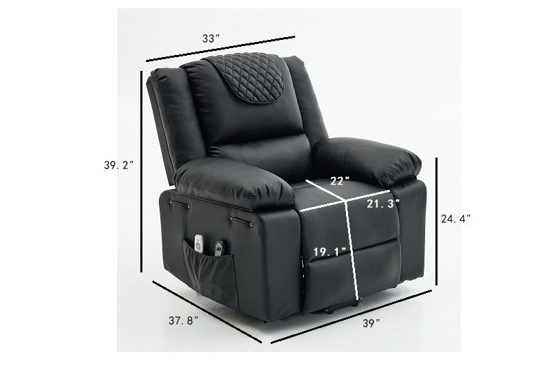 English Elm Black PU Remote-Controlled Heating Massage Recliner for Seniors with Assist Lift, Cup Tray, Remote Control W570P320457