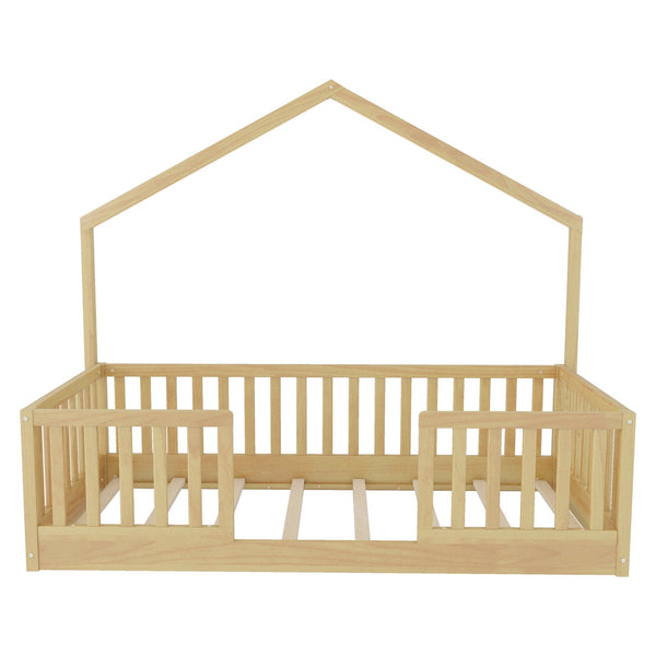 English Elm Twin Montessori Floor Bed House Frame with Led Lighting and Safety Rails for Kids W2593P440601