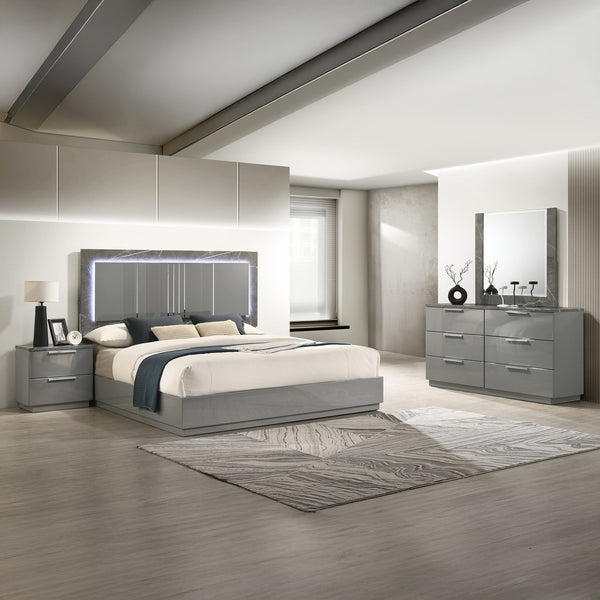 English Elm Elara Queen 4-Piece Bedroom Set - Modern Two-Tone Marble Finish With Led Lighting & Metal Legs B009S01750