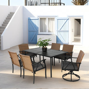 English Elm 7 Piece Patio Dining Set - Modern Steel Top Wicker Outdoor Furniture, Removable Washable Cushions, Umbrella Ready W640S00043