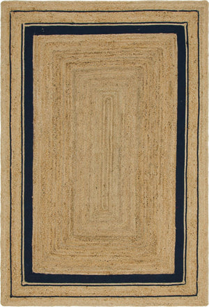 Unique Loom Braided Jute Gujarat Hand Woven Border Rug Natural and Navy Blue, Navy Blue 6' 1" x 9' 0"
