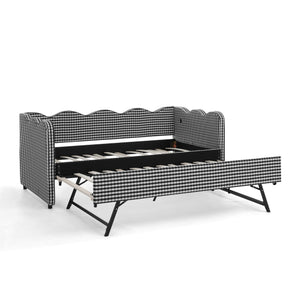 English Elm Cozy Twin Gingham Daybed with Trundle Sofa Bed, Linen Upholstery, USB Port, Wave Frame Design Black W1413S00102