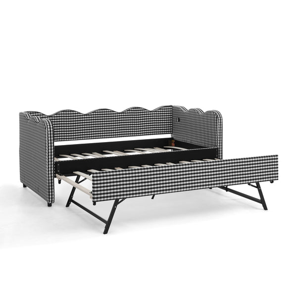 English Elm Cozy Twin Gingham Daybed with Trundle Sofa Bed, Linen Upholstery, USB Port, Wave Frame Design Black W1413S00102