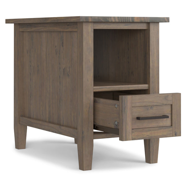 English Elm Ela Narrow End Table in Smoky Brown Wood, Handcrafted Solid Wood, Drawer & Open Shelf Storage, Transitional Style B136P203458