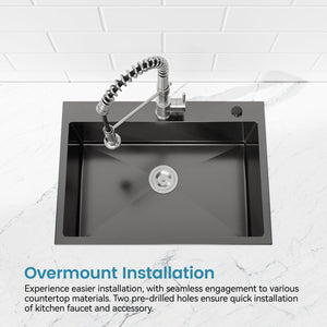 English Elm Stainless Steel Handmade Matte Black Single Bowl Overmount Kitchen Sink Deep Basin T3177P370629
