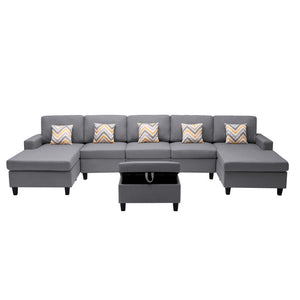English Elm Nereo Gray Linen Double Chaise Sectional with Storage Ottoman for Spacious Living Gray B2749S00127