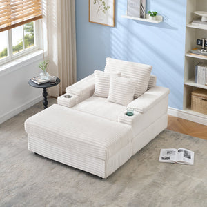 English Elm This Corduroy Single Seat Armchair with Storage Ottoman and Built-in Cup Holders White W1278S00078
