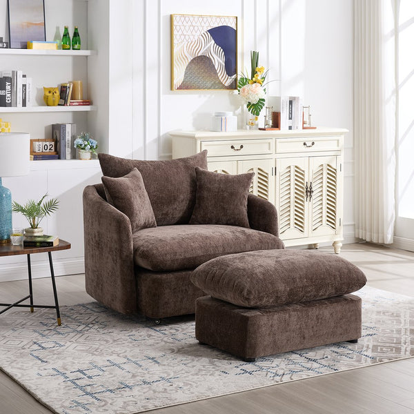 English Elm 360° 360 Swivel Oversized Chenille Armchair with Pocket Spring Seat and Three Throw Pillows Brown W1361S00090