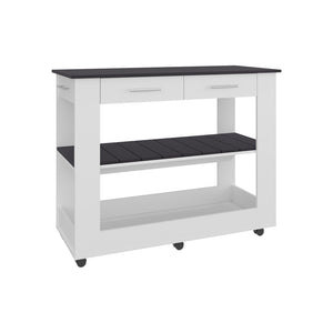 English Elm Hardy Rolling Kitchen Island with Two Drawers Open Shelves and Melamine Work Surface B097P474257