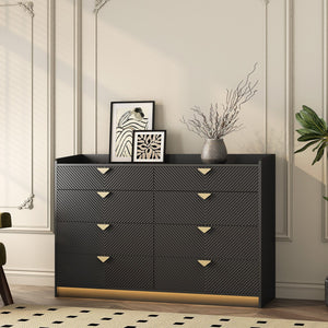 English Elm 8 Modern 8-Drawer Dresser with LED Lights, Fluted Panels, Solid Wood Legs, Silent Metal Rails, Black Finish W1321P201215