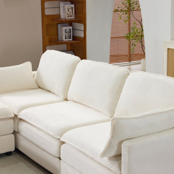 English Elm 104" Plush Cloud Modular 3-Seater Sofa with Ottoman, Beige Corduroy, High-Resilience Foam Comfort W1829S00063