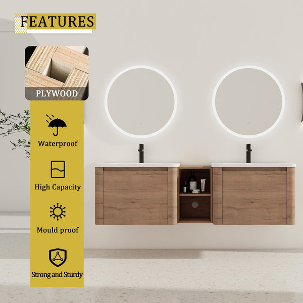English Elm 68'' Wall-Mounted Bathroom Vanity with White Ceramic Sink, Plywood Shelves, Soft-Close Door Elegance W999S00382
