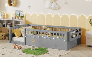 English Elm Twin Montessori Floor Bed Frame with High Rails and Built-In Light Shelf for Safe Independent Sleep Grey 79.13 L x 13 W x 6.3 H W2593P333797