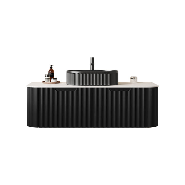 English Elm Dina Floating Bathroom Vanity with Crystal Glass Basin and Sintered Stone Top Black,Carrara White W2615S00199