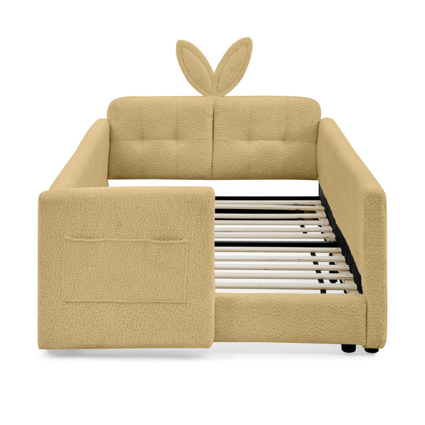 English Elm Twin Boucle Upholstered Kids Bed with Rabbit Ear Headboard Safety Rail and Side Pocket W1413P410784