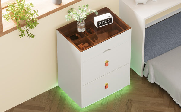English Elm 3-Drawer 30" Nightstand with LED Light & Remote, Glass Top Jewelry Organizer, 3 Spacious Drawers White N733P304515K