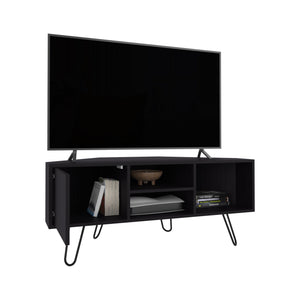 English Elm Lancaster Corner TV Stand with Two Shelves & Two Cabinets, Black MDF, Cable Management, Space-Saving Design B200P335349