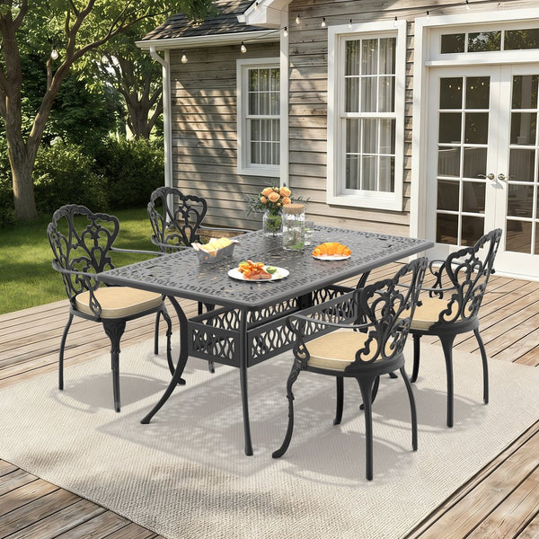 English Elm 5-piece Cast Aluminum Outdoor Dining Set with Carved Relief Frame and Cushioned Seats W1710S00569