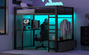 English Elm Full Metal Gaming Loft Bed with LED Lighting, Built-In Desk, Open Wardrobe and 3 Drawers for Space-Saving Comfort Black GX001133AAB