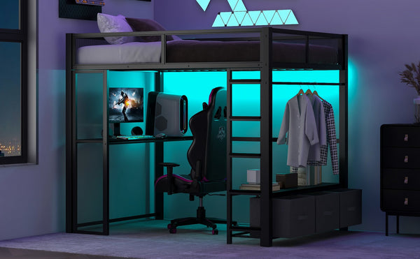 English Elm Full Metal Gaming Loft Bed with LED Lighting, Built-In Desk, Open Wardrobe and 3 Drawers for Space-Saving Comfort Black GX001133AAB