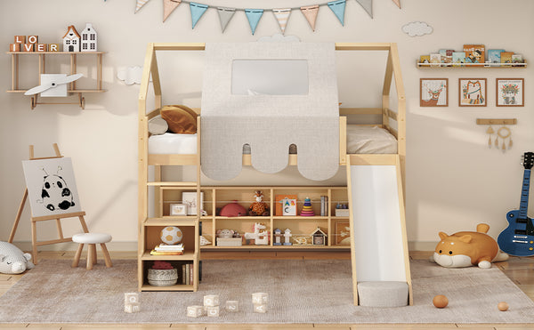 English Elm Full Size Kids House Loft Bed Pinewood Frame with Tent Slide and Play Storage Natural LT000683AAD
