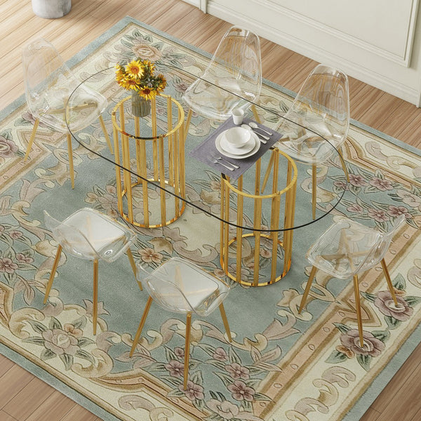 English Elm Table and Chair Set Oval Tempered Glass Top Gold Base with 6 Acrylic Seats W1151S04730