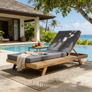 English Elm Lounge Chaise Outdoor Acacia Wood Slatted Frame with Water Resistant Cushion Resort Style Dark Gray,Light Brown N770P442L429CUSHDGRY
