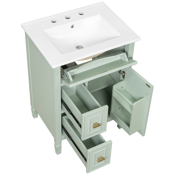 English Elm 24-Inch Bathroom Vanity with Sink, Solid Wood & MDF, Ceramic Top, Gold Handles, Flip Drawer Design Green N725P350824F