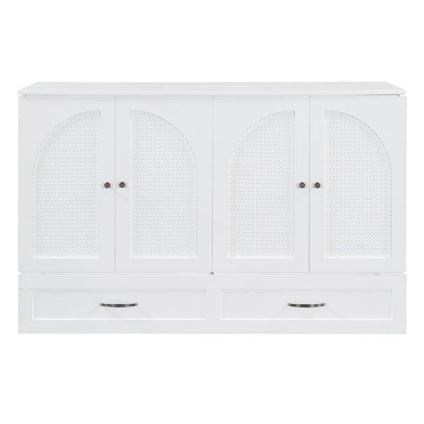 English Elm Queen Murphy Wall Bed with Usb Ports Storage Drawers and Cabinet Style Panel Front White N708S00010K-1