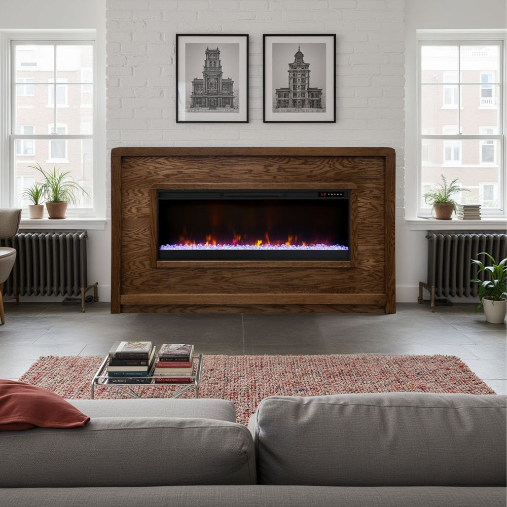 English Elm Haven 92 inch Fireplace Mantel with 42" Electric Insert, Oak Bourbon Finish, Remote & Quick Install B108P364423