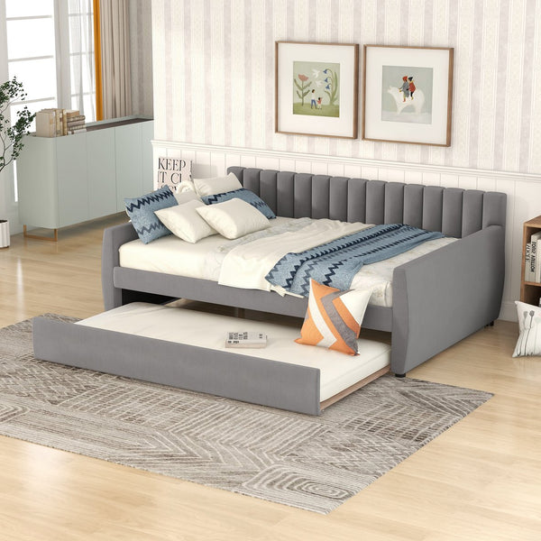 English Elm Full Size Velvet Upholstered Daybed with Pull Out Trundle and Wood Slat Support Gray LP100121AAE