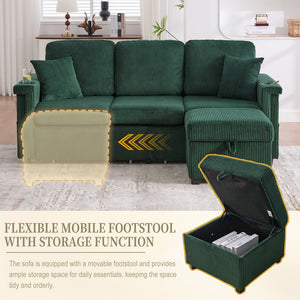 English Elm UNITED Corduroy L-Shaped Sectional Sofa with Storage Ottoman, USB Ports, Cup Holders & LED Lighting Emerald W1568P332404